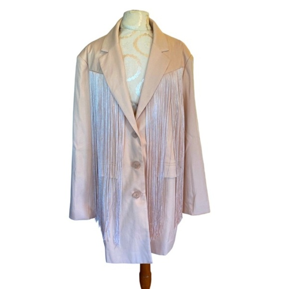 NWT Boohoo Tassel Fringe Crepe Blazer Mini Dress Sand Bohemian Sexy Size 10 - Picture 4 of 14